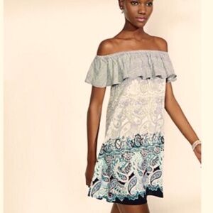 Express Paisley off the shoulder mini sundress gray w/ blue pink print size S